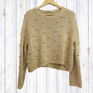 Zara Knit Pullover Crop Sweater Pom Pom Oversized Slouch Tan Small Acrylic Linen